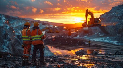Two workers in uniforms and safety helmets stand in an open pit mine with an excavator on the horizon, holding documents as they look in golden hour lighting