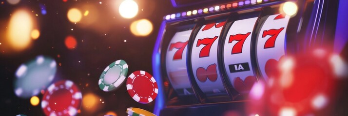 Vibrant Slot Machine Display with Lucky 7s and Casino Chips in Motion: Perfect for Gambling Websites, Casino Ads, and Gaming Promotions.