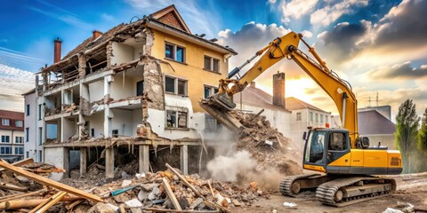 Fototapeta premium Demolition of residential building with crawler excavator, demolition, residential building, crawler excavator