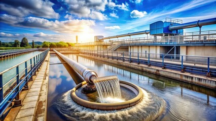 Wastewater treatment plant with a large pipe releasing water , environment, industrial, sewage
