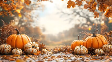 Warm Thanksgiving Day banner with pumpkins, leaves, and a soft fall background, great for sales flyers
