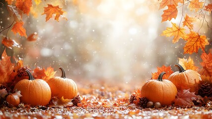Warm Thanksgiving Day banner with pumpkins, leaves, and a soft fall background, great for sales flyers