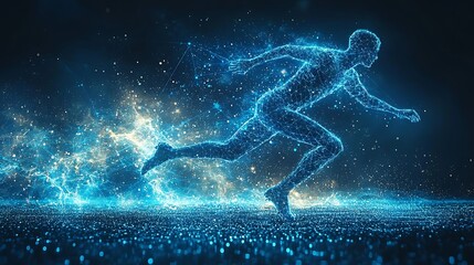  Blue digital soccer player with glowing data, artificial intelligence into athlete performance analysis and training, enhancing player skills, strategy, and overall team performance design 