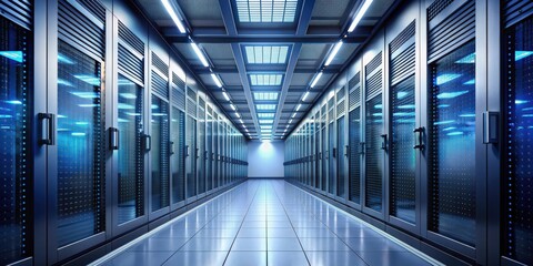 Fototapeta premium Corridor of server room with server racks in datacenter, datacenter, server room, corridor