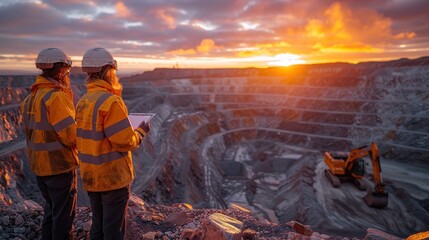Two workers in uniforms and safety helmets stand in an open pit mine with an excavator on the horizon, holding documents as they look in golden hour lighting
