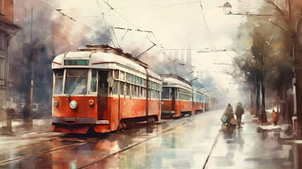 trams watercolor style