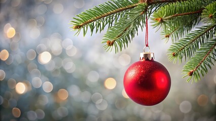 Obraz premium Red Christmas bauble hanging on a twig, ornament, decoration, holiday, festive, traditional, shiny, bright, seasonal, isolated