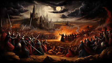 Fototapeta premium The Battle Of Shadows - battle, medieval, fantasy, war, knights, armies, castle, moon, dark sky, flames, soldiers, swords, epic, confrontation, chaos, medieval warfare
