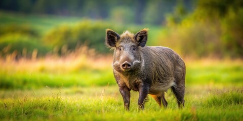 Wild pig standing on grassy plains, wild pig, animal, nature, grassland, wilderness, boar, outdoors, wildlife, grazing, tusks