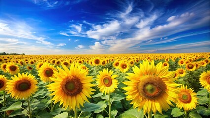 Fototapeta premium Sunflower field landscape photo with bright yellow flowers under clear blue sky, sunflower, field, landscape, nature, bloom