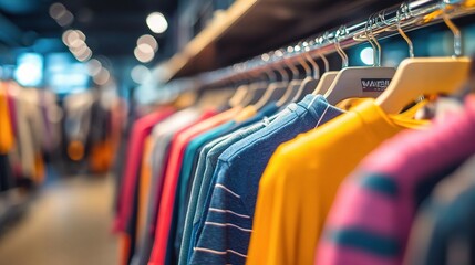 Colorful Clothes on Display: A vibrant row of clothing hangs on a rack in a retail store, showcasing a diverse selection of colors and styles. 