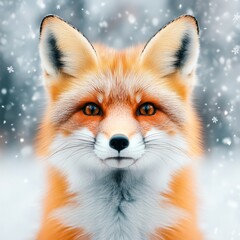 Fototapeta premium Close-up of a red fox in a snowy landscape, capturing the beauty of winter wildlife with soft fur and attentive eyes.