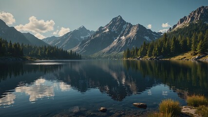  a painting of a mountain lake with a mountain in the_background generate ai