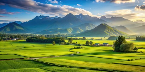 Obraz premium Serene landscape with lush green fields and mountains in the background, scenery, serene, landscape, green fields