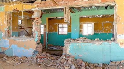 Decaying interior of the old abandoned building, crumbling walls and debris scattered across the floor, paint peeling off the walls with the exposed brickwork and broken plaster