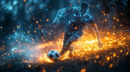  Blue digital soccer player with glowing data, artificial intelligence into athlete performance analysis and training, enhancing player skills, strategy, and overall team performance design 