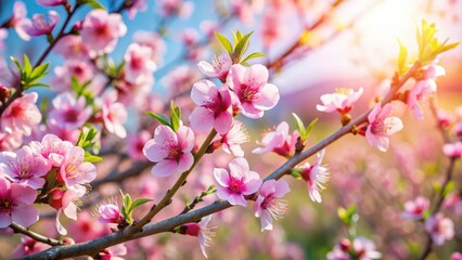 Obraz premium Beautiful peach blossom in full bloom on a sunny day , spring, flowers, pink, tree, nature, garden, blooming, petals, fragrant