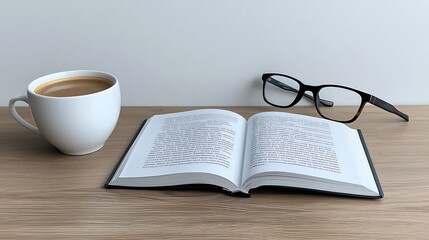 Naklejka premium 1. A realistic photo of a white poverty-themed book open on a wooden table, with glasses and a cup of coffee nearby, suggesting a study session focused on health disparities.