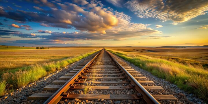 Railway tracks stretching across vast prairie landscape, railway, prairie, tracks, train, transportation, countryside, rural