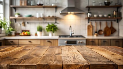 Wooden table top view for product montage over blurred kitchen interior background, wooden, table, top view, product, montage