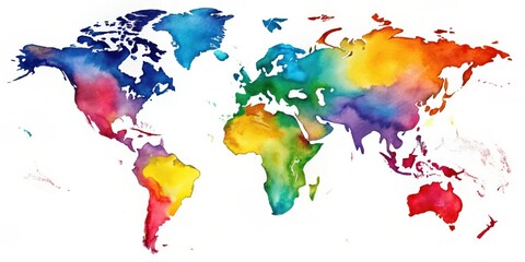 Obraz premium Watercolor world map in vibrant colors, watercolor, world map,painting, vibrant, colors, geography, travel, cartography