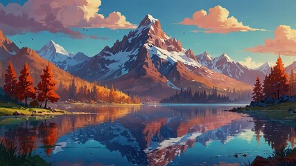  a painting of a mountain lake with a mountain in the_background generate ai