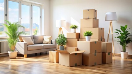 A stack of moving boxes in a living room , moving boxes, relocation, storage, cardboard, container, household