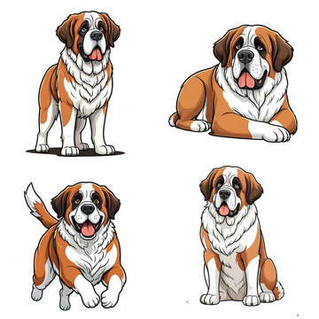 Saint bernard dog illustration clip art bundle, cute playful st bernard puppies collection set