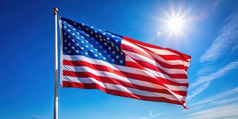 Obraz premium American flag waving in the wind on a sunny day with a clear blue sky , patriotic, celebration