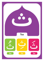 Tsa Fathah Kasroh Dhommah. Flashcards of basic Arabic alphabet or hijaiyah letter for children vector illustration