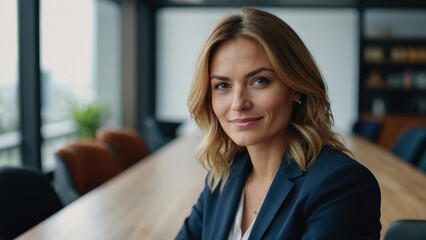 Fototapeta premium Portrait of a beautiful businesswoman leader sitting leaning on meeting table blurred background