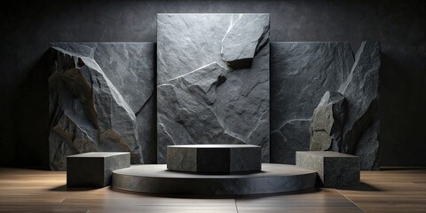 Black geometric stone and rock podium display, geometric, stone, rock, background, podium, showcase, minimalist, mockup