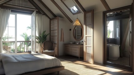 Modern bedroom with a large window, a wooden bed, a wicker chair, and a bathroom doorway.