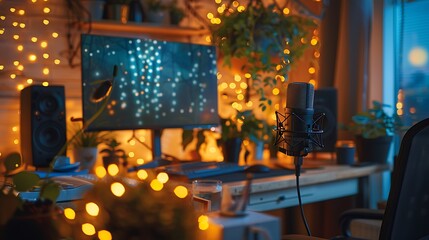 Home podcasting setup, podcaster speaking into a microphone at a desk, warm and cozy background with plants and decorative items, soft ambient lighting, relaxed and comfortable environment,