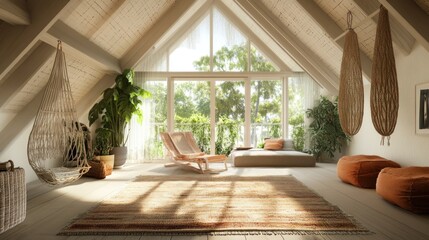 Fototapeta premium A bohemian-style living room with a large window overlooking a lush green garden. 