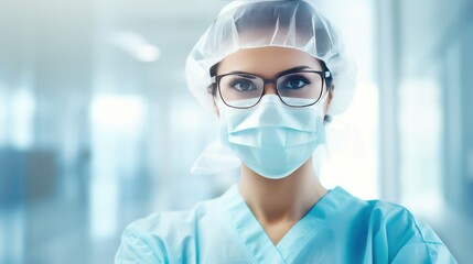 Photograph of a female doctor wearing a face mask, hat, and protective glasses,