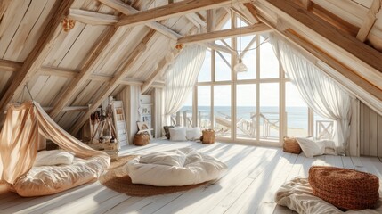 Cozy attic bedroom with large windows overlooking the ocean, decorated in a bohemian style with white and beige tones, natural wood beams, and a soft bed with pillows and a throw blanket.