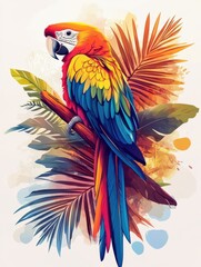 Obraz premium A colorful vector design of a parrot perched on a tropical branch with palm leaves in the background on white background, t-shirt design graphic, Fashionable trendy apparel, in neon style