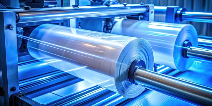 Close-up of a roller in a polyethylene plastic bag production machine with a blue lighting effect , manufacturing
