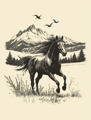 A vector design of a horse running freely in a field with mountains in the background on white background, t-shirt design graphic, Fashionable trendy apparel clothing design, vintage