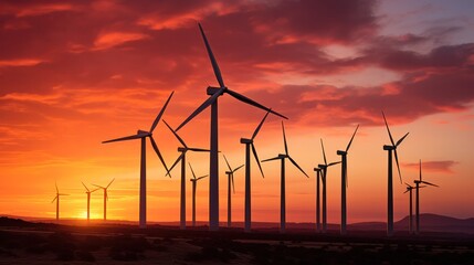 Photograph of a row of wind turbines aligned against a dramatic sunset