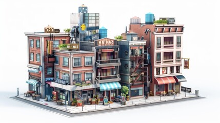 Obraz premium A set of 3D rendered buildings representing a bustling city center, with transparent background for integration into various projects.