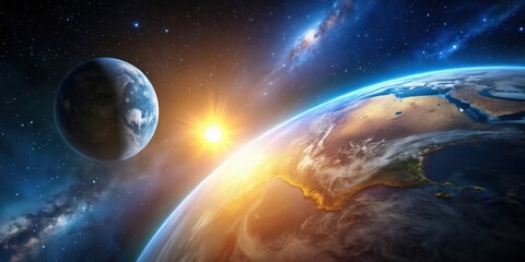 Obraz premium Planet Earth with the sunrise and moon in the vastness of space, Earth, planet, sunrise, moon, space, solar system