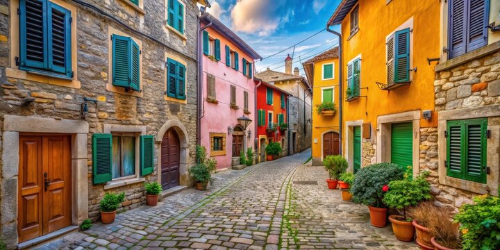 Old Istrian town with charming cobblestone streets, historic buildings, and colorful shutters, Porec, Croatia