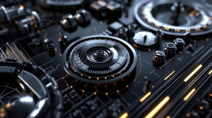 Fototapeta premium A 3D abstract background with data visualizations in sleek black and silver, where infographics elements and charts are skillfully incorporated into the design