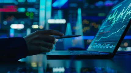 Businessman Analyzing Financial Graphs with Computer and Pen, Focusing on Stock Market Information and KPI Statistics Against a Blue Background