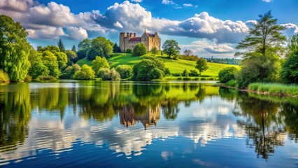 Obraz premium Tranquil lake surrounded by lush greenery and picturesque castle in the background, Slovenia, Lake Bled, castle