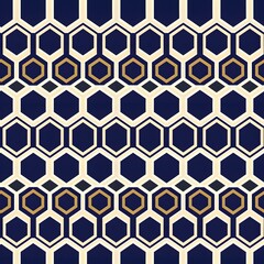 Fototapeta premium Modern hexagonal pattern in navy, gold, and white for contemporary design.