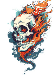 Skull and Fire traditional tattoo illustration