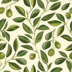 Olive branches with green leaves and ripe olives on a soft beige background.